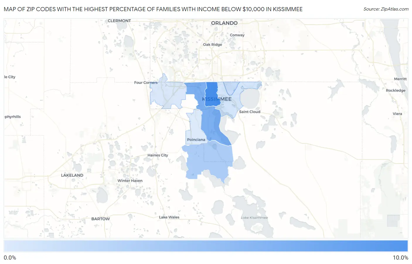 Zip Codes with the Highest Percentage of Families with Income Below $10,000 in Kissimmee Map