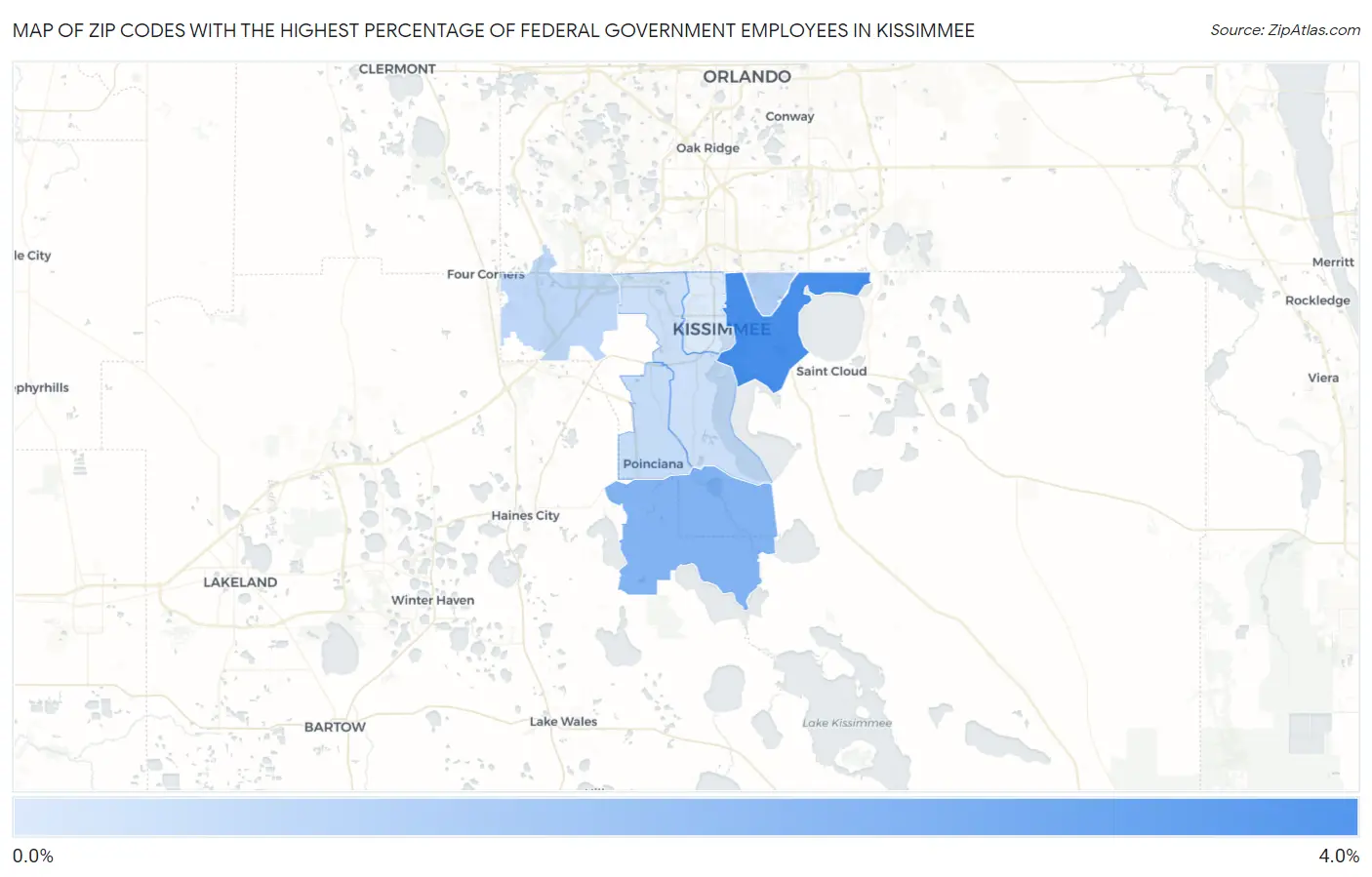 Zip Codes with the Highest Percentage of Federal Government Employees in Kissimmee Map