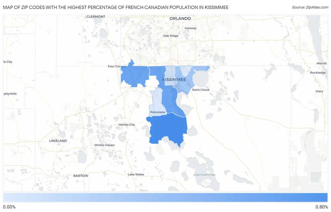 Zip Codes with the Highest Percentage of French Canadian Population in Kissimmee Map