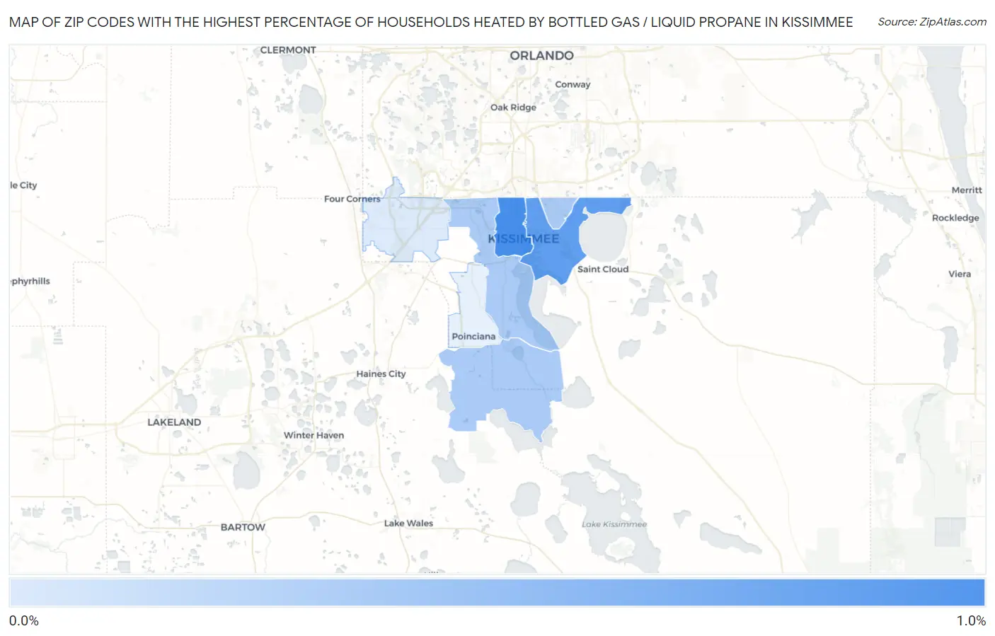 Zip Codes with the Highest Percentage of Households Heated by Bottled Gas / Liquid Propane in Kissimmee Map