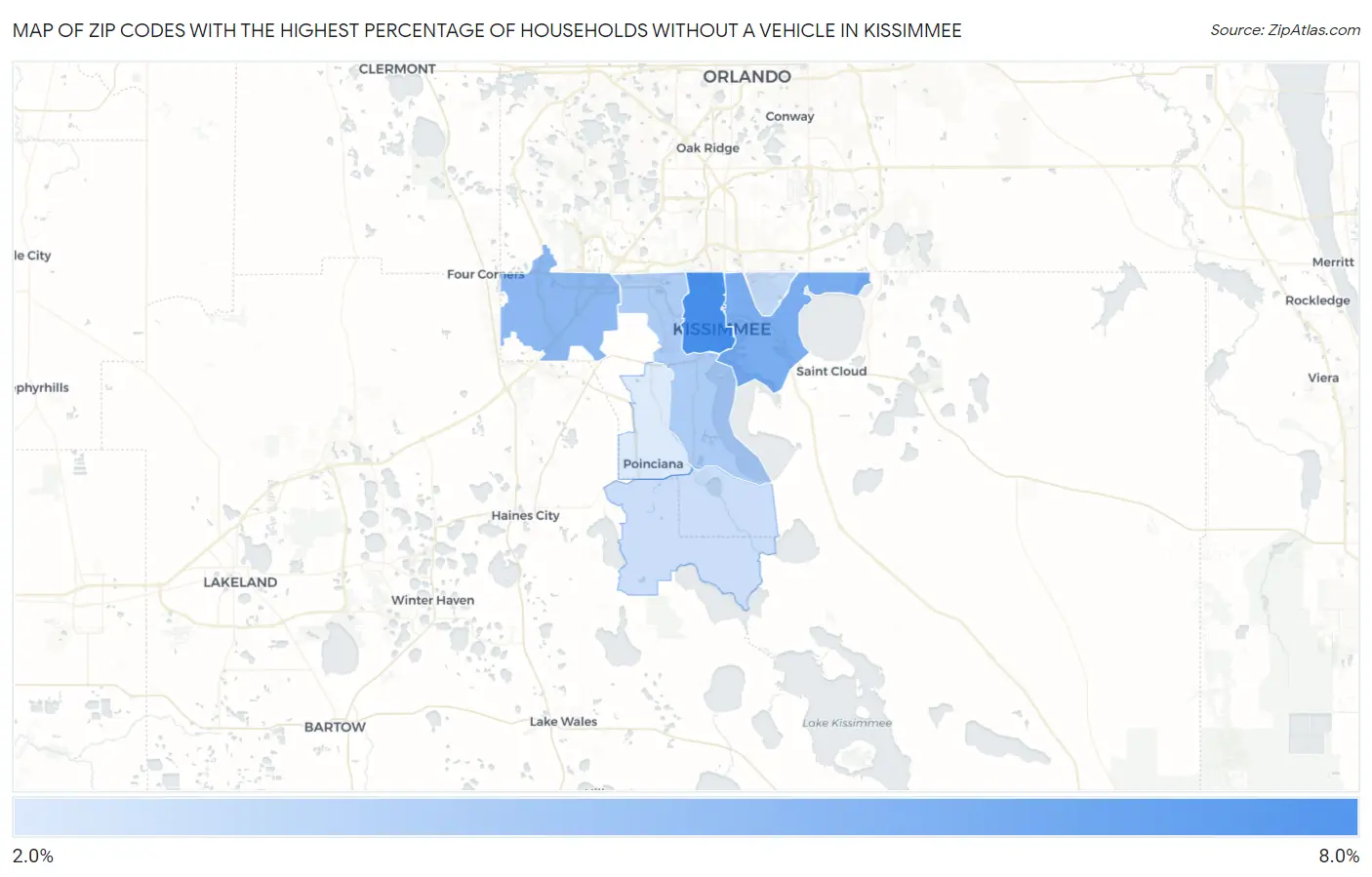Zip Codes with the Highest Percentage of Households Without a Vehicle in Kissimmee Map