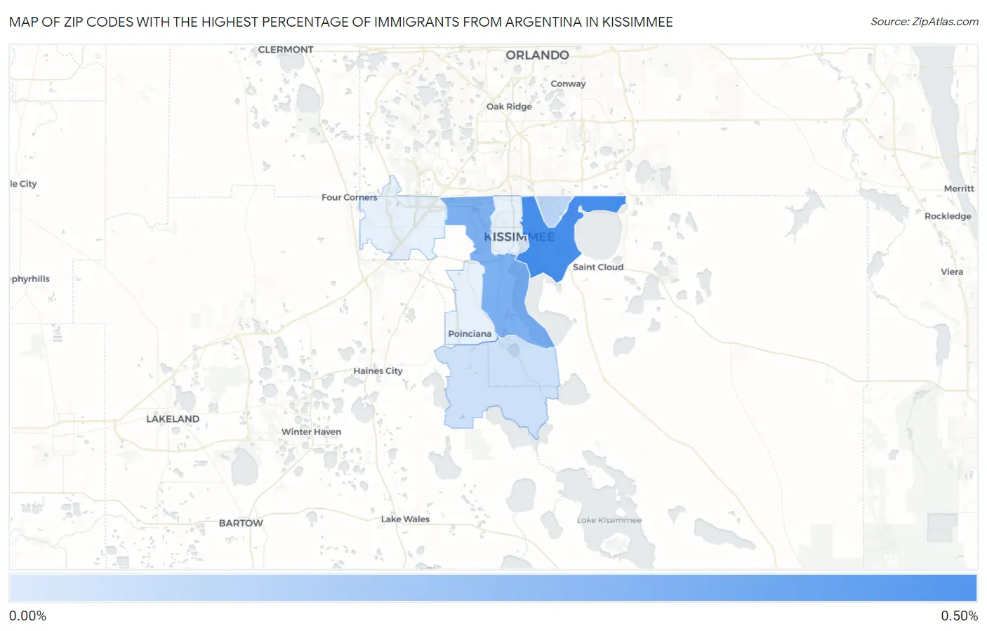 Zip Codes with the Highest Percentage of Immigrants from Argentina in Kissimmee Map
