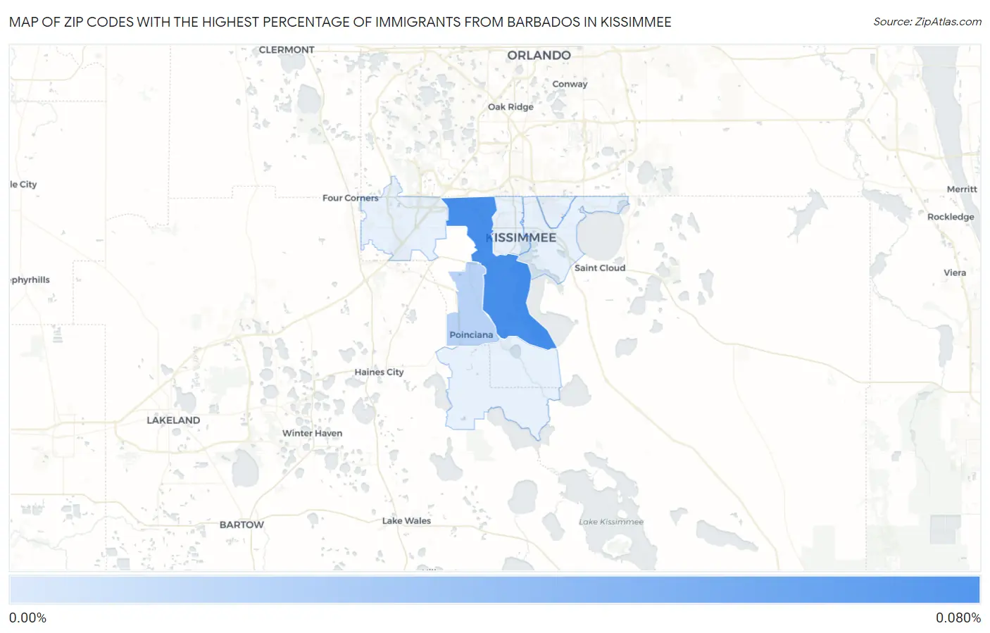 Zip Codes with the Highest Percentage of Immigrants from Barbados in Kissimmee Map