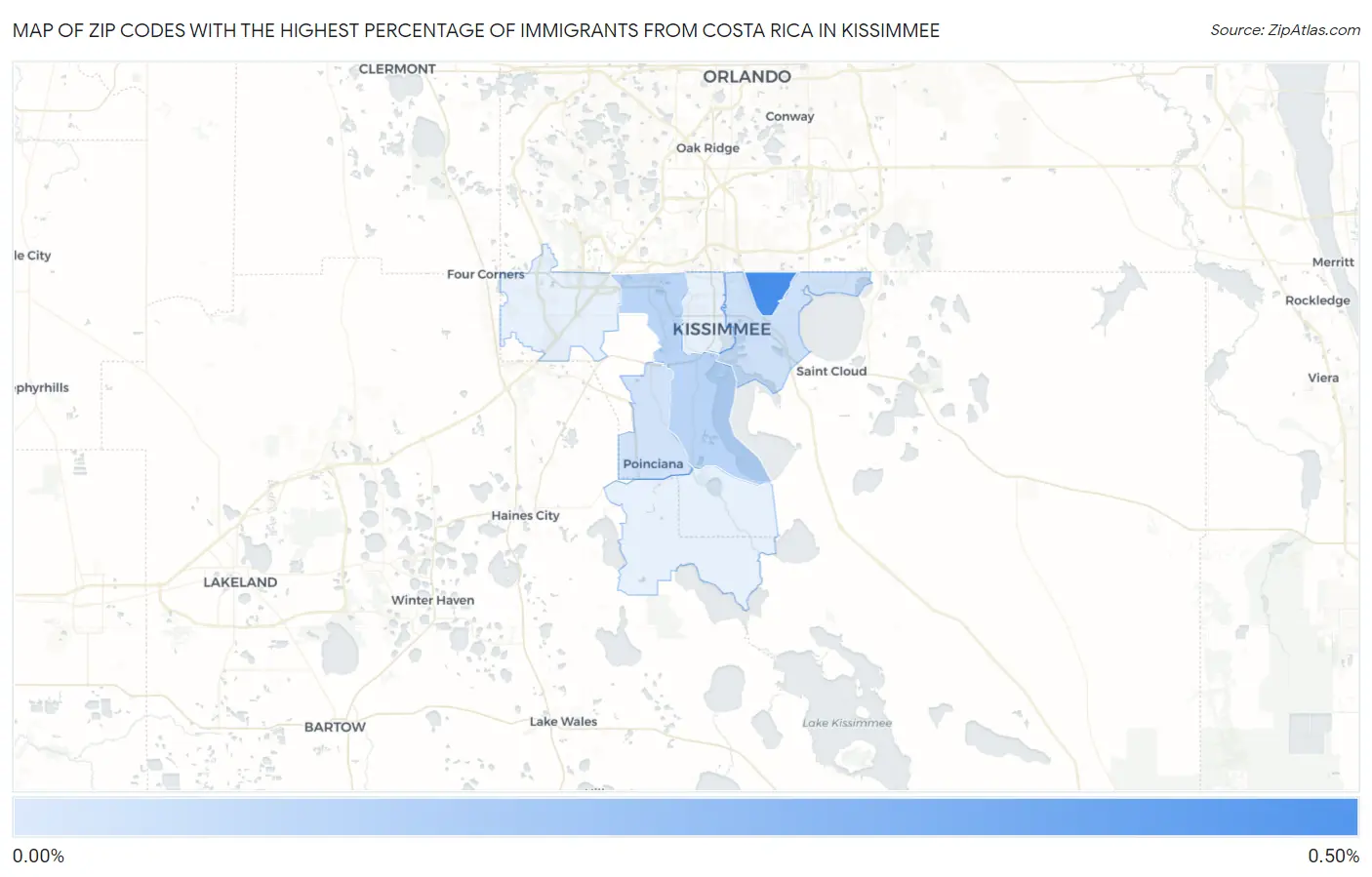 Zip Codes with the Highest Percentage of Immigrants from Costa Rica in Kissimmee Map