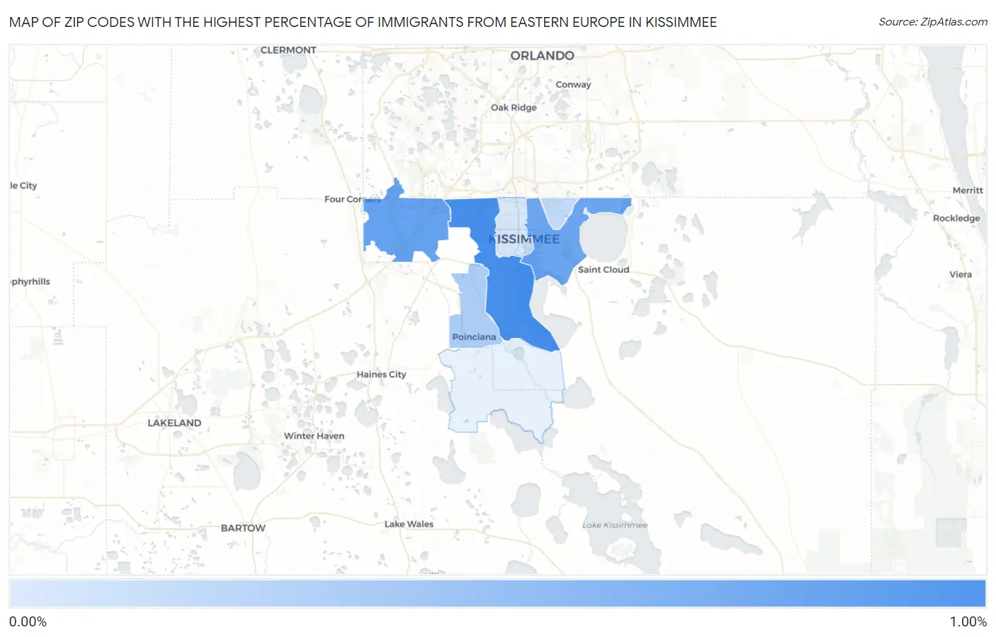 Zip Codes with the Highest Percentage of Immigrants from Eastern Europe in Kissimmee Map