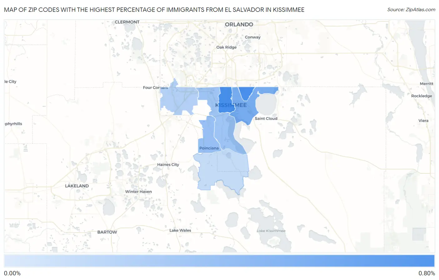 Zip Codes with the Highest Percentage of Immigrants from El Salvador in Kissimmee Map