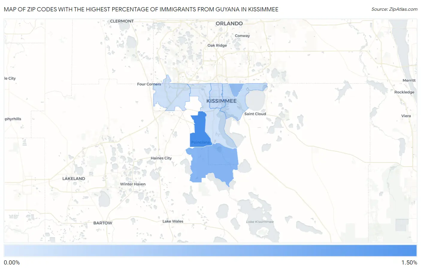 Zip Codes with the Highest Percentage of Immigrants from Guyana in Kissimmee Map