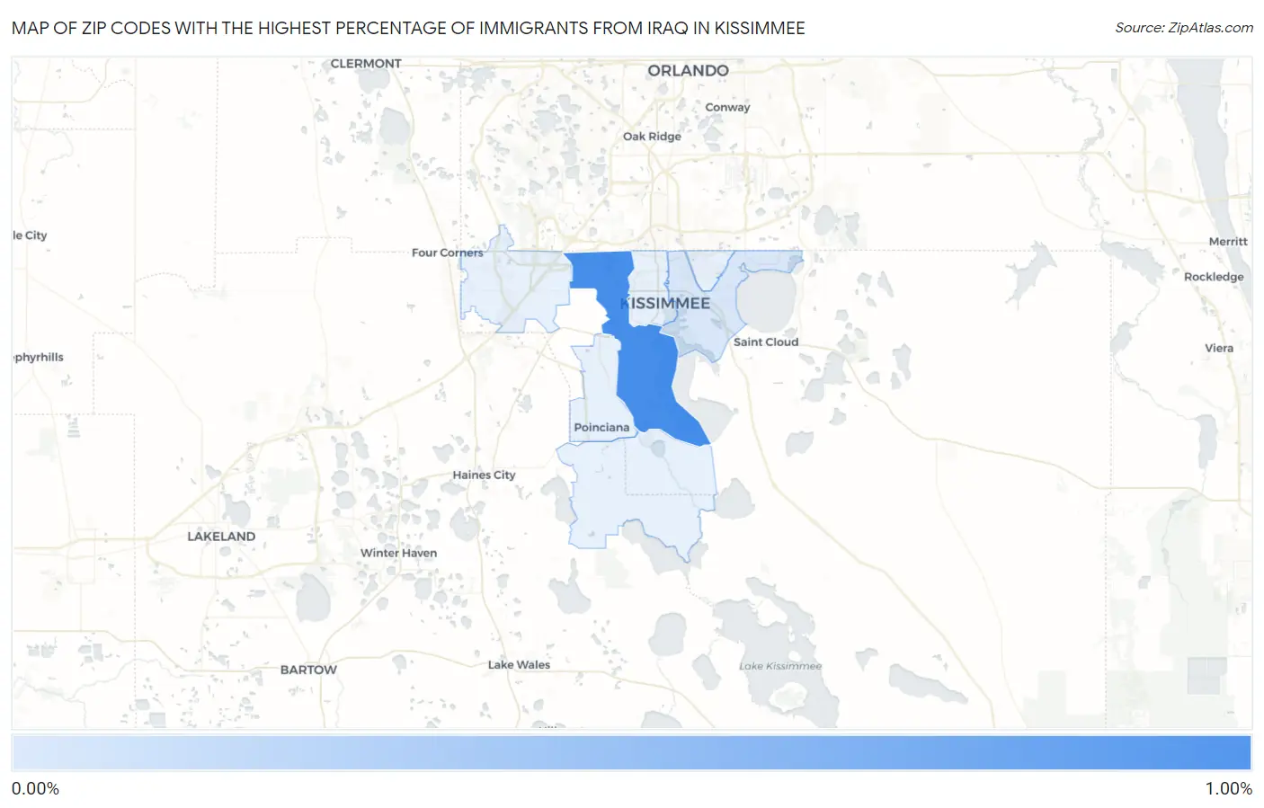 Zip Codes with the Highest Percentage of Immigrants from Iraq in Kissimmee Map
