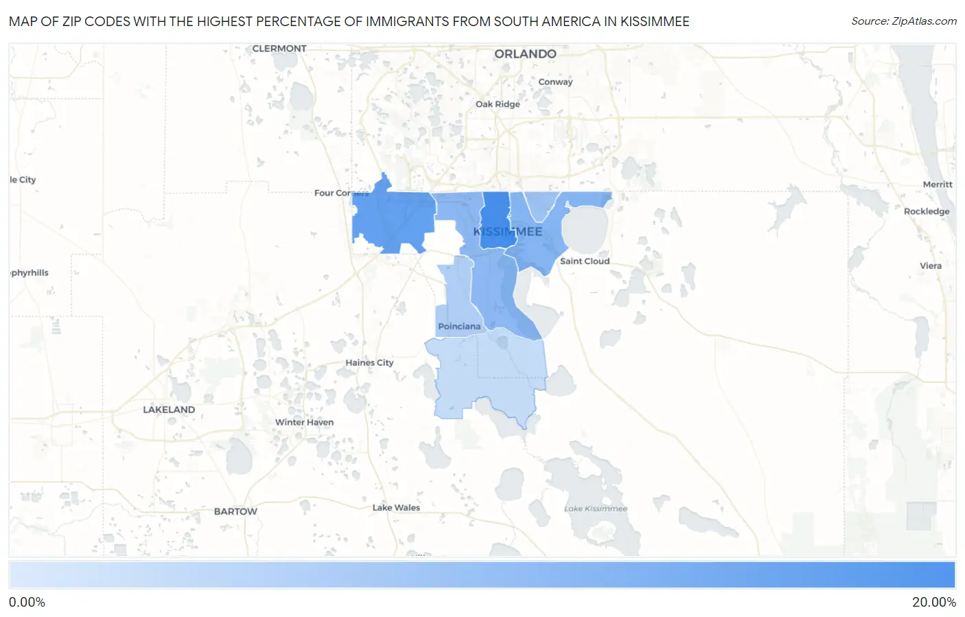 Zip Codes with the Highest Percentage of Immigrants from South America in Kissimmee Map