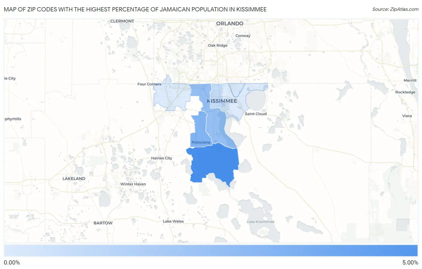 Zip Codes with the Highest Percentage of Jamaican Population in Kissimmee Map