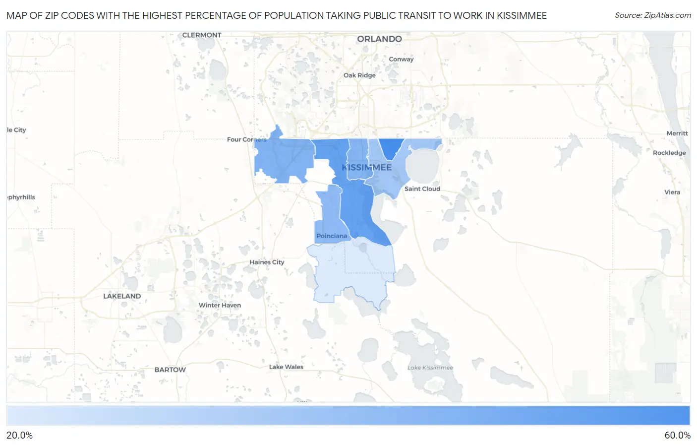 Zip Codes with the Highest Percentage of Population Taking Public Transit to Work in Kissimmee Map