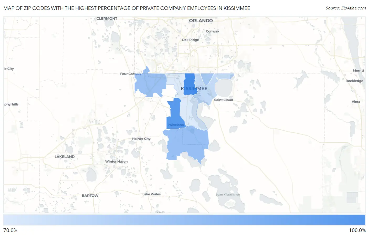Zip Codes with the Highest Percentage of Private Company Employees in Kissimmee Map