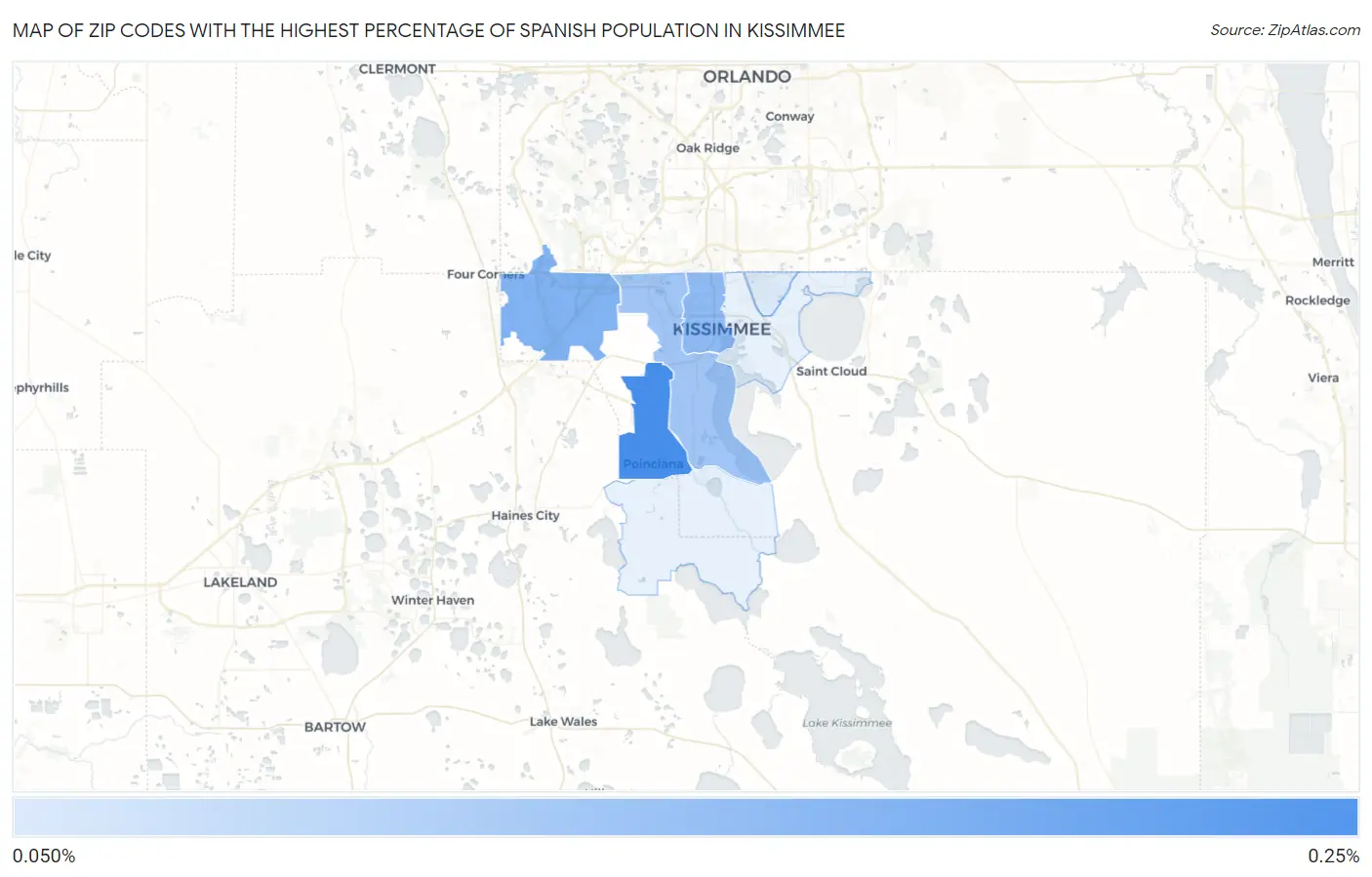 Zip Codes with the Highest Percentage of Spanish Population in Kissimmee Map