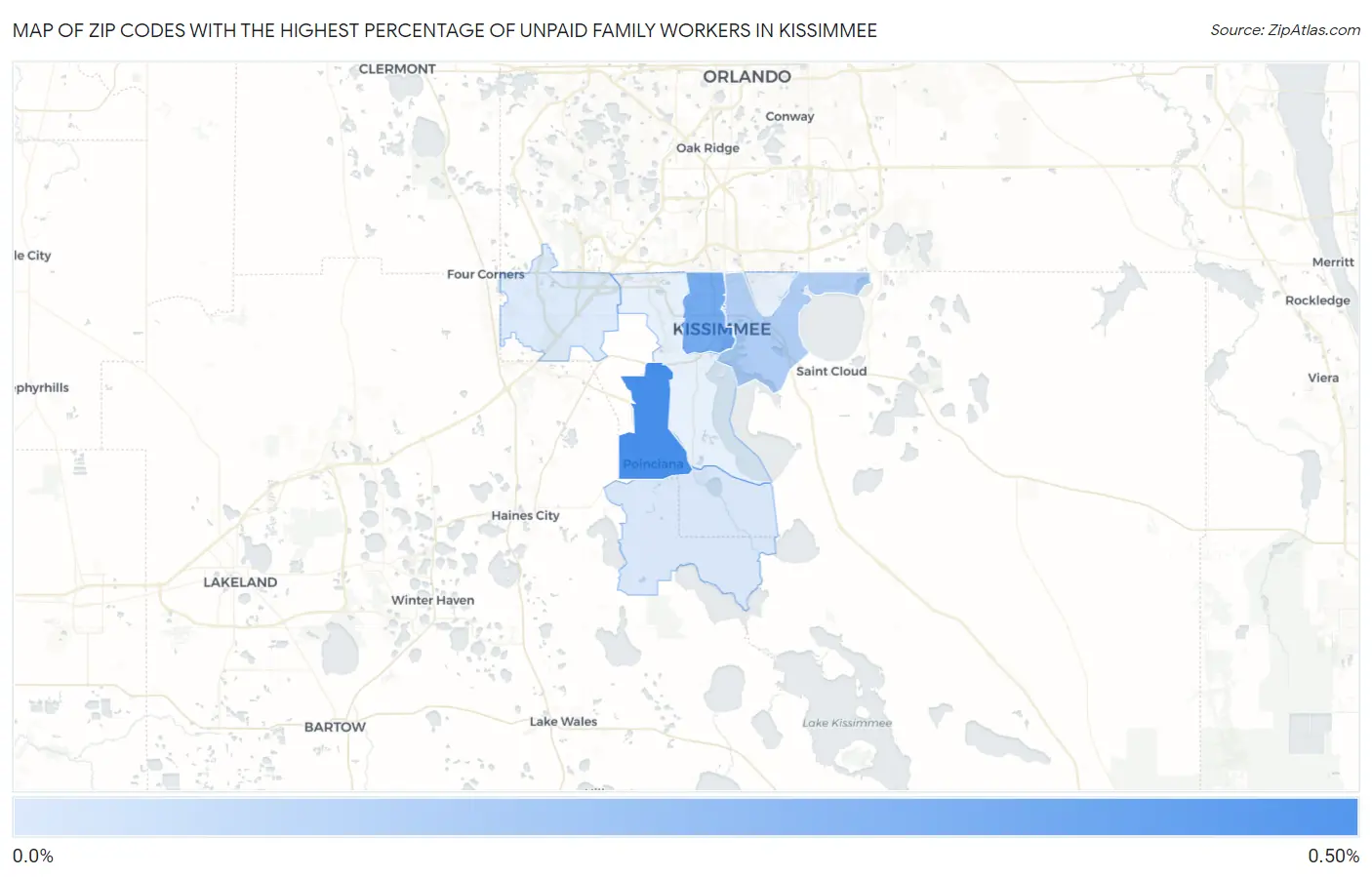 Zip Codes with the Highest Percentage of Unpaid Family Workers in Kissimmee Map