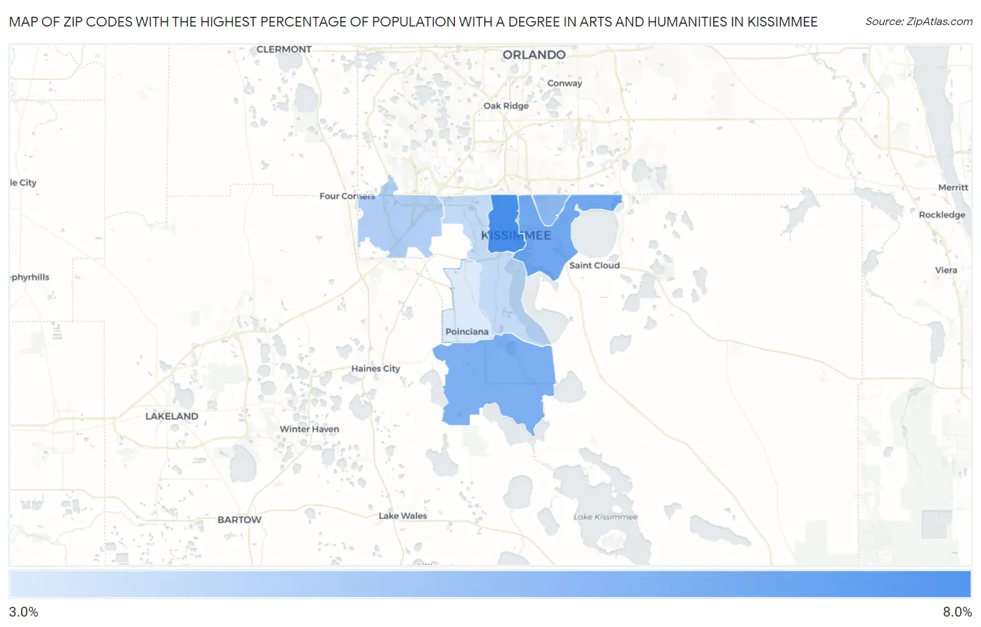 Zip Codes with the Highest Percentage of Population with a Degree in Arts and Humanities in Kissimmee Map