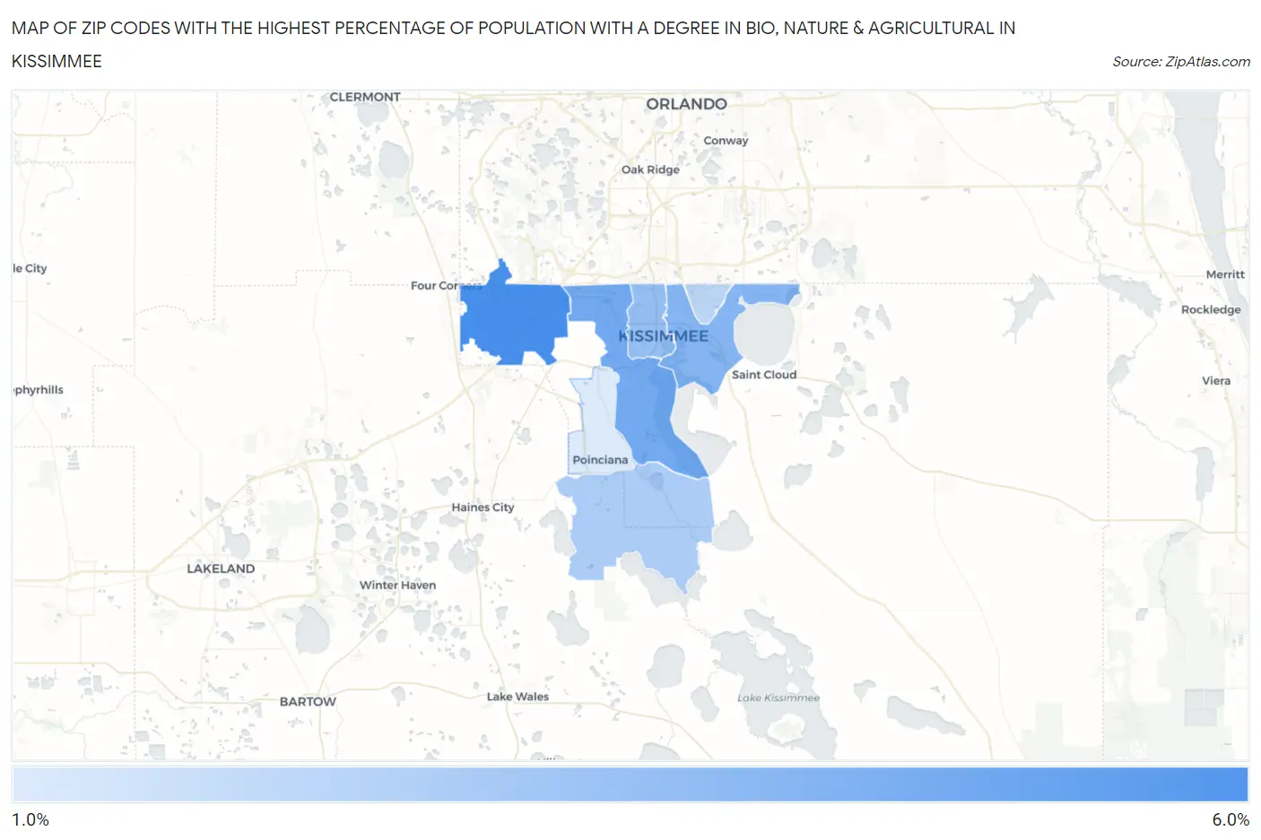 Zip Codes with the Highest Percentage of Population with a Degree in Bio, Nature & Agricultural in Kissimmee Map