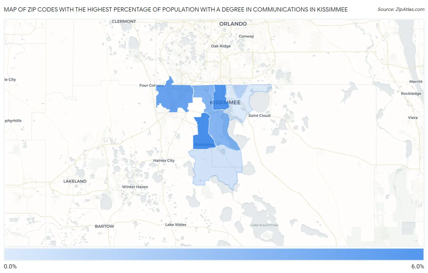 Zip Codes with the Highest Percentage of Population with a Degree in Communications in Kissimmee Map