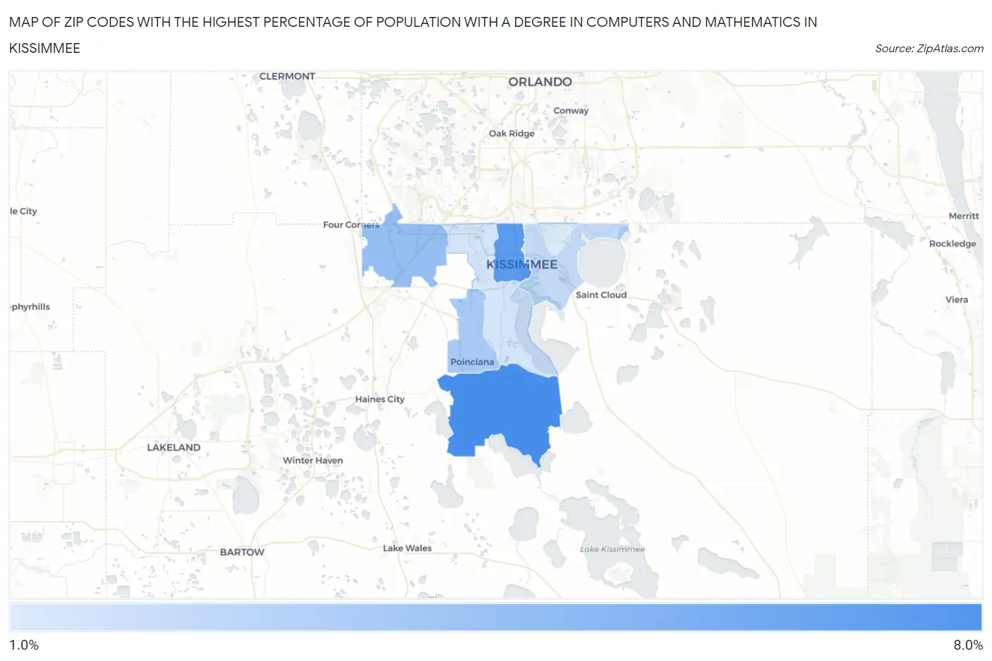 Zip Codes with the Highest Percentage of Population with a Degree in Computers and Mathematics in Kissimmee Map