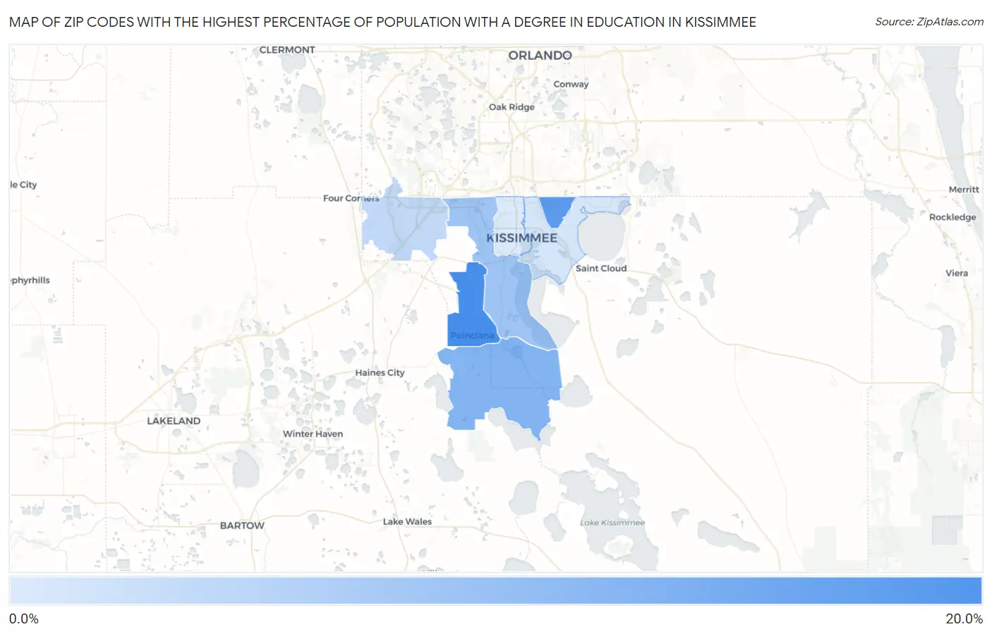 Zip Codes with the Highest Percentage of Population with a Degree in Education in Kissimmee Map