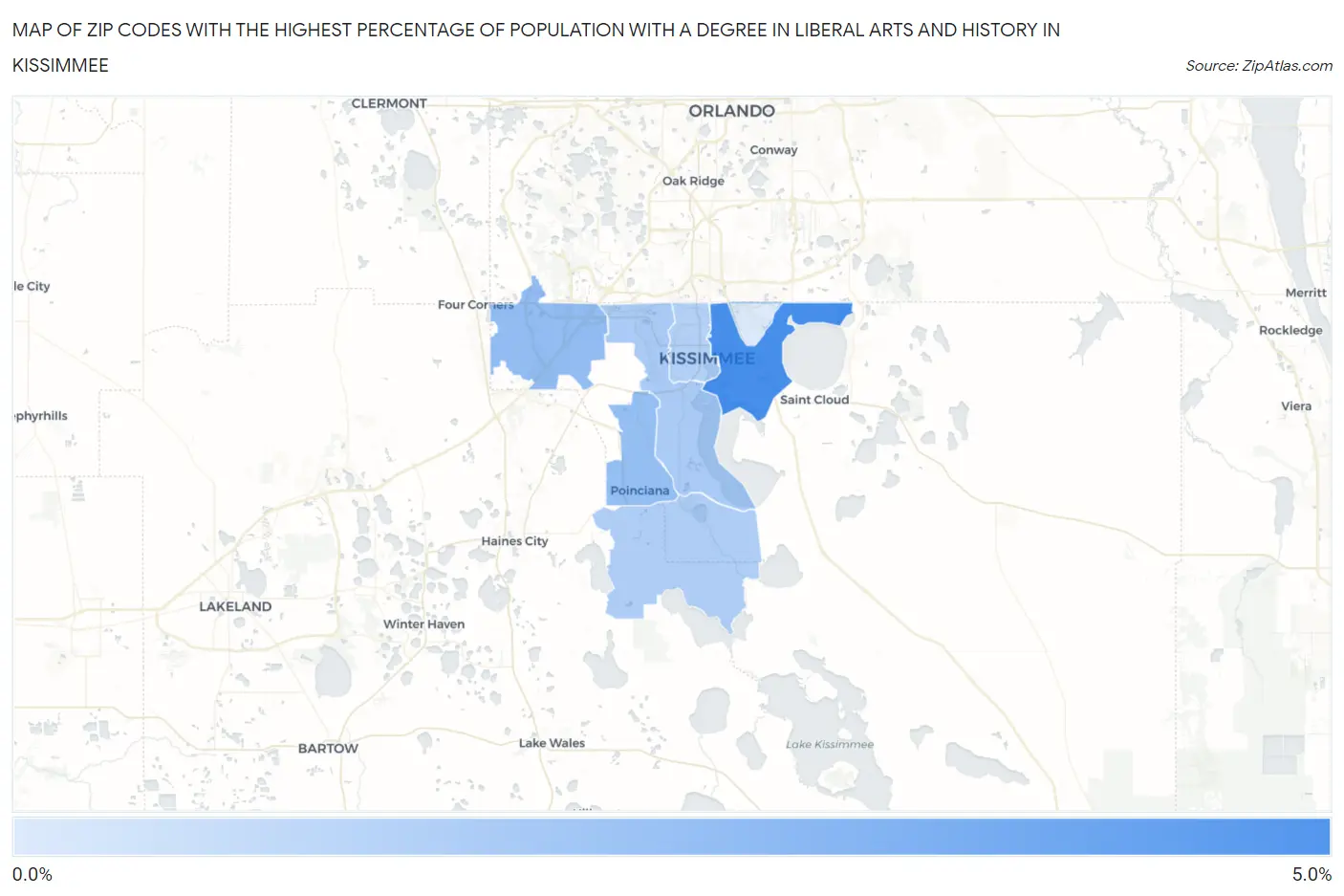 Zip Codes with the Highest Percentage of Population with a Degree in Liberal Arts and History in Kissimmee Map