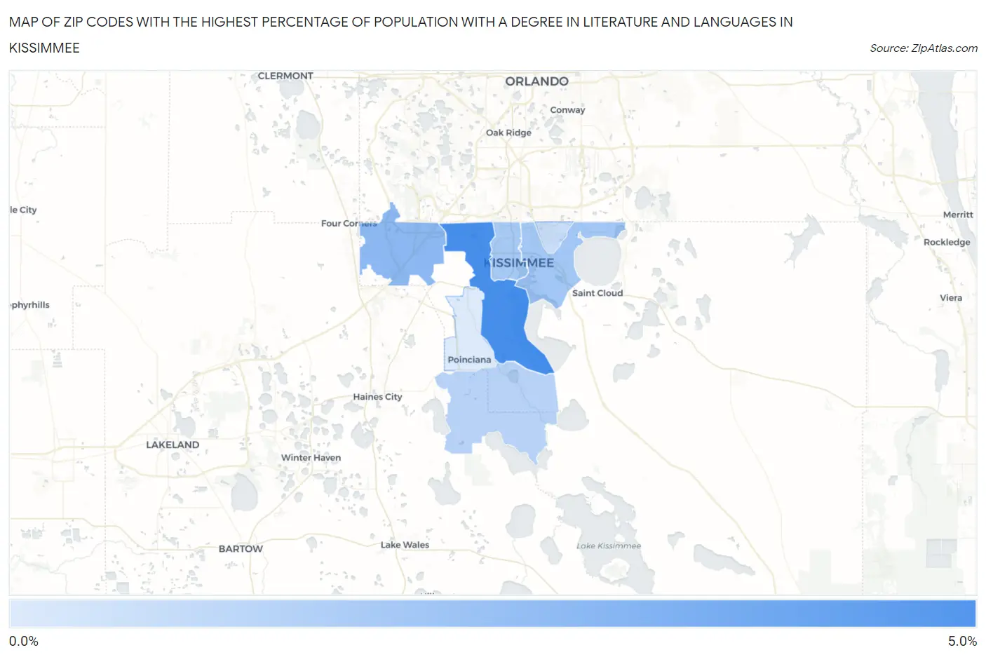 Zip Codes with the Highest Percentage of Population with a Degree in Literature and Languages in Kissimmee Map