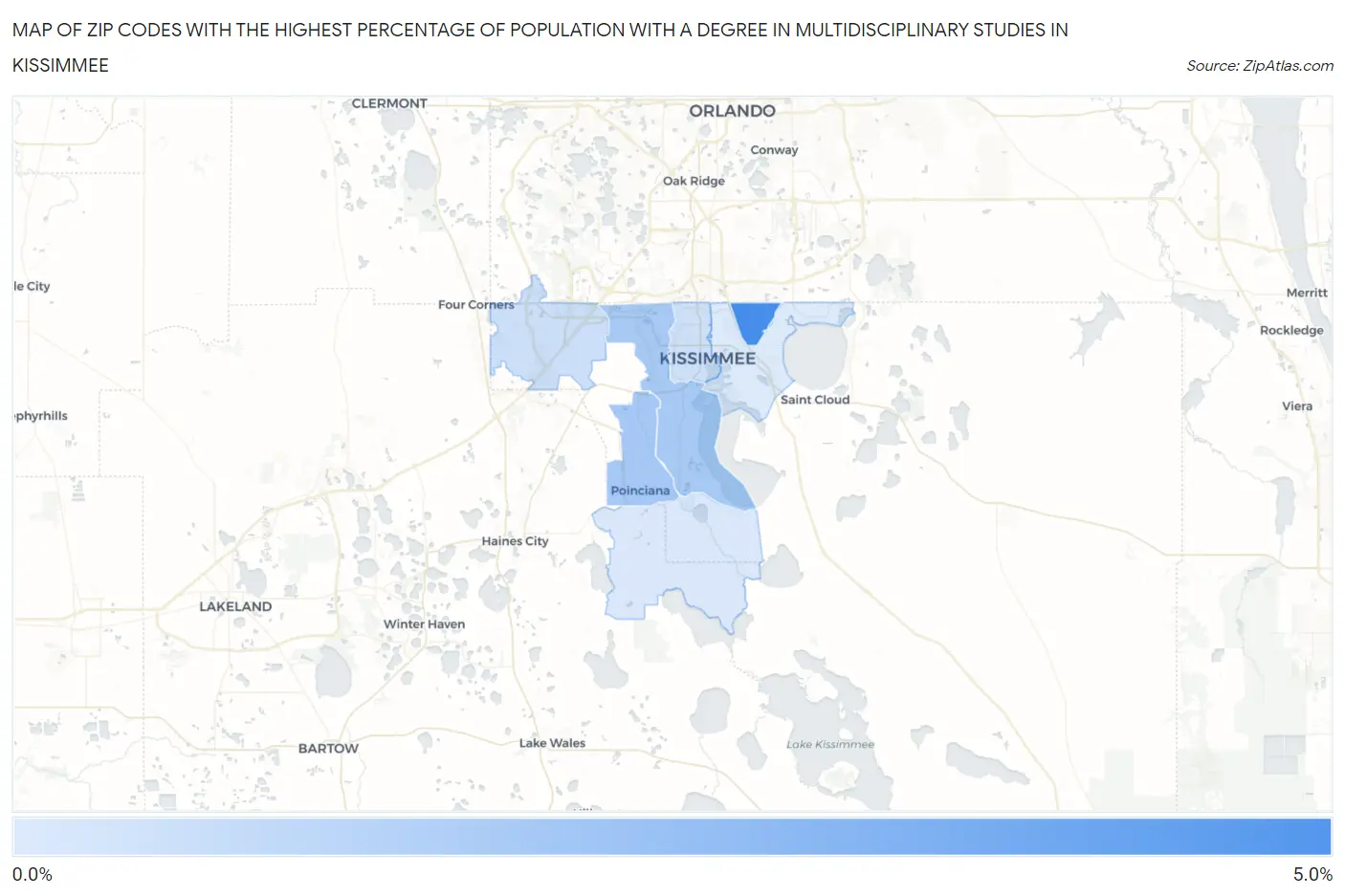 Zip Codes with the Highest Percentage of Population with a Degree in Multidisciplinary Studies in Kissimmee Map