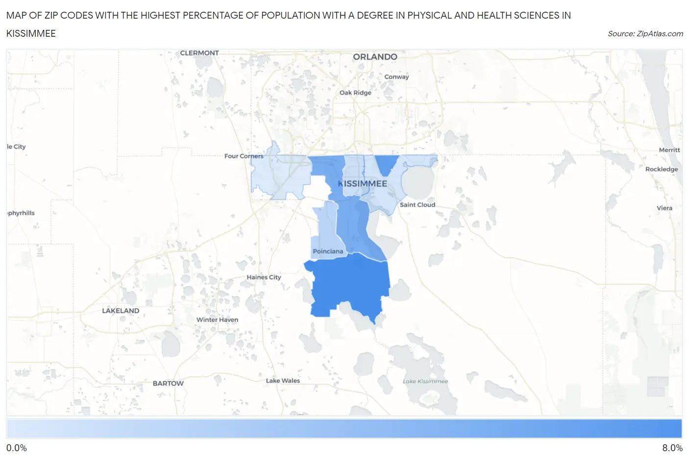 Zip Codes with the Highest Percentage of Population with a Degree in Physical and Health Sciences in Kissimmee Map