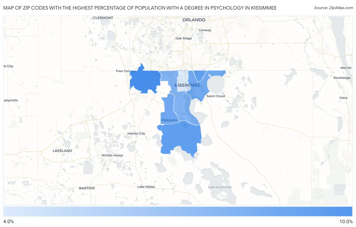 Zip Codes with the Highest Percentage of Population with a Degree in Psychology in Kissimmee Map