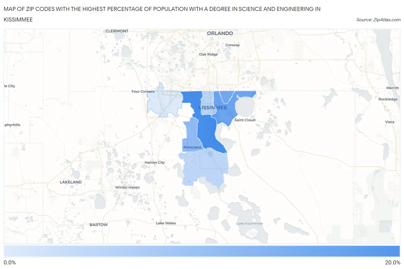 Zip Codes with the Highest Percentage of Population with a Degree in Science and Engineering in Kissimmee Map