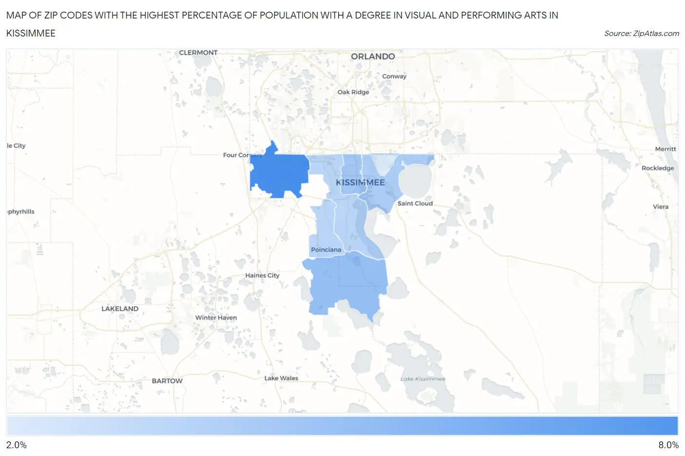 Zip Codes with the Highest Percentage of Population with a Degree in Visual and Performing Arts in Kissimmee Map