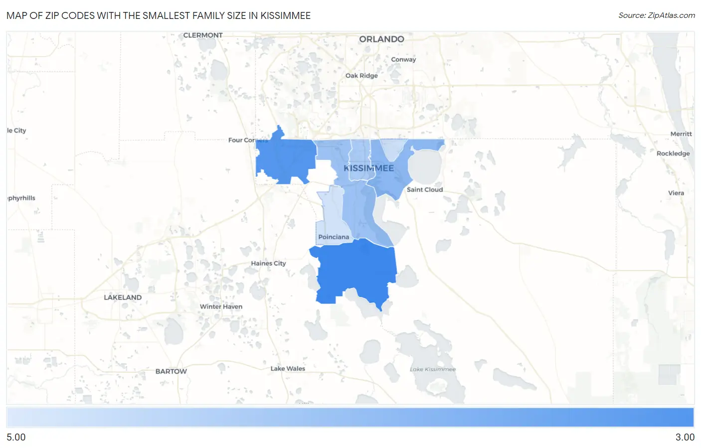 Zip Codes with the Smallest Family Size in Kissimmee Map