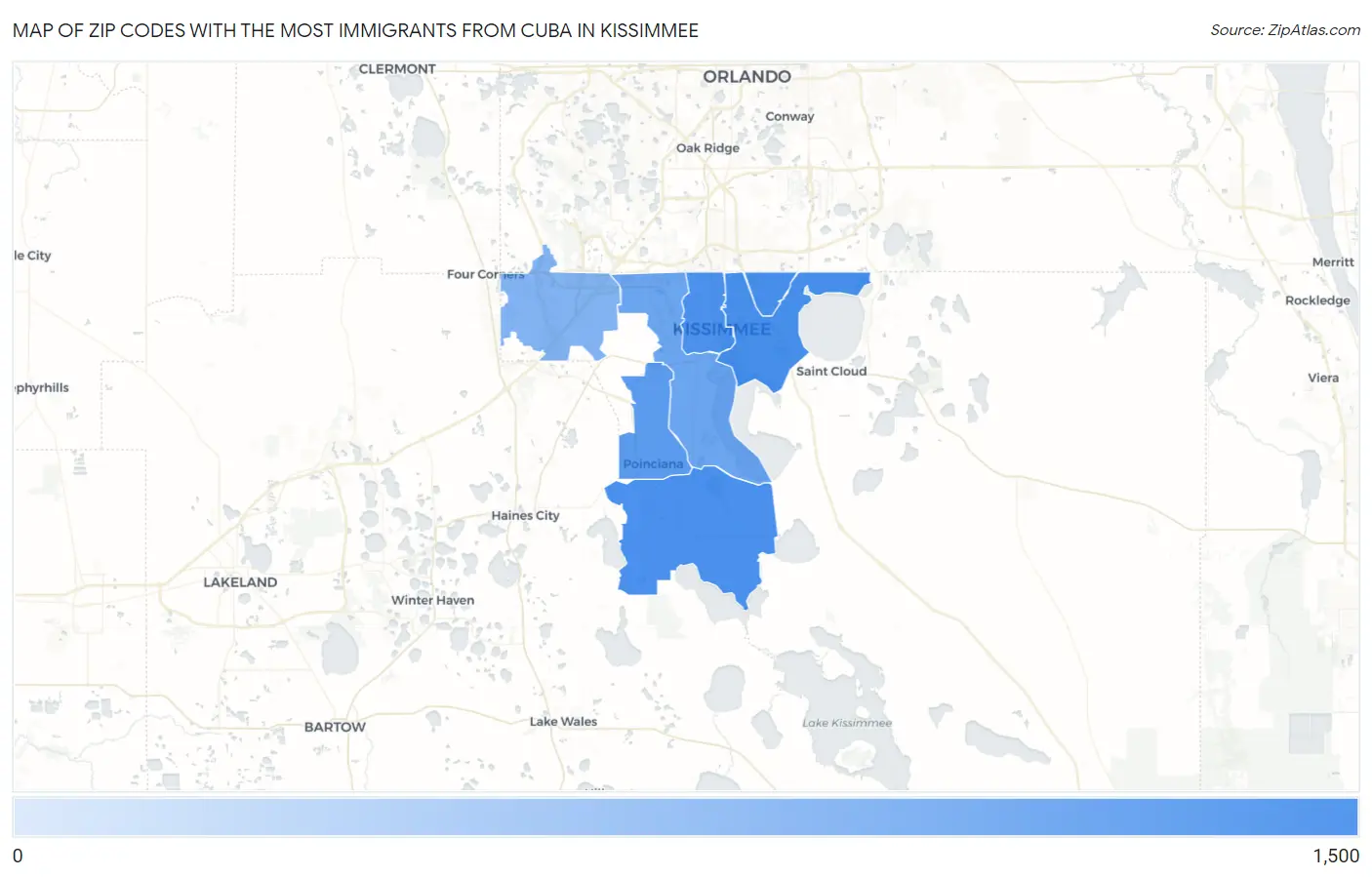 Zip Codes with the Most Immigrants from Cuba in Kissimmee Map
