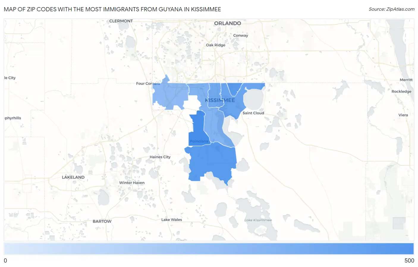 Zip Codes with the Most Immigrants from Guyana in Kissimmee Map
