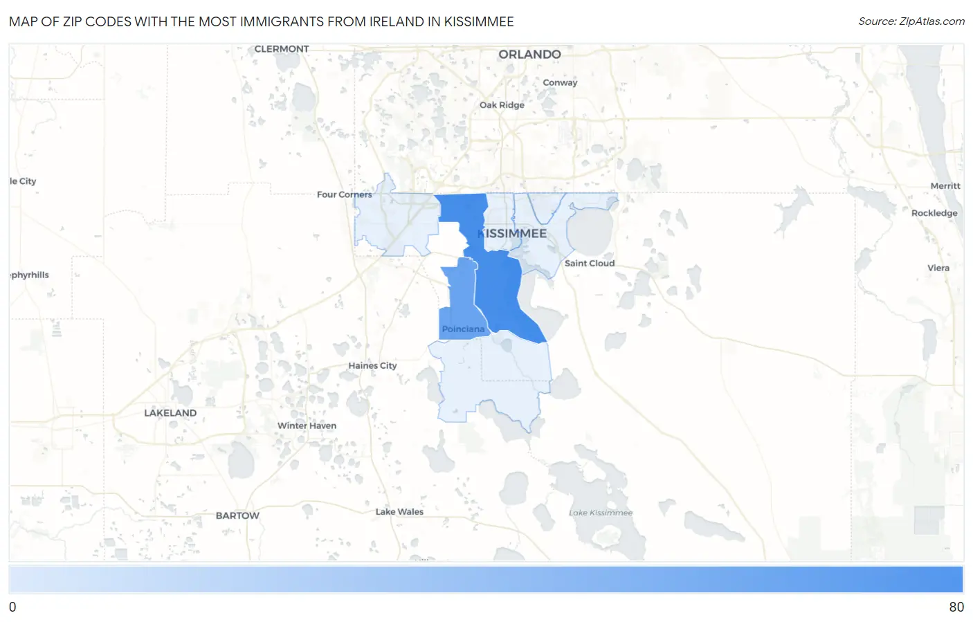 Zip Codes with the Most Immigrants from Ireland in Kissimmee Map