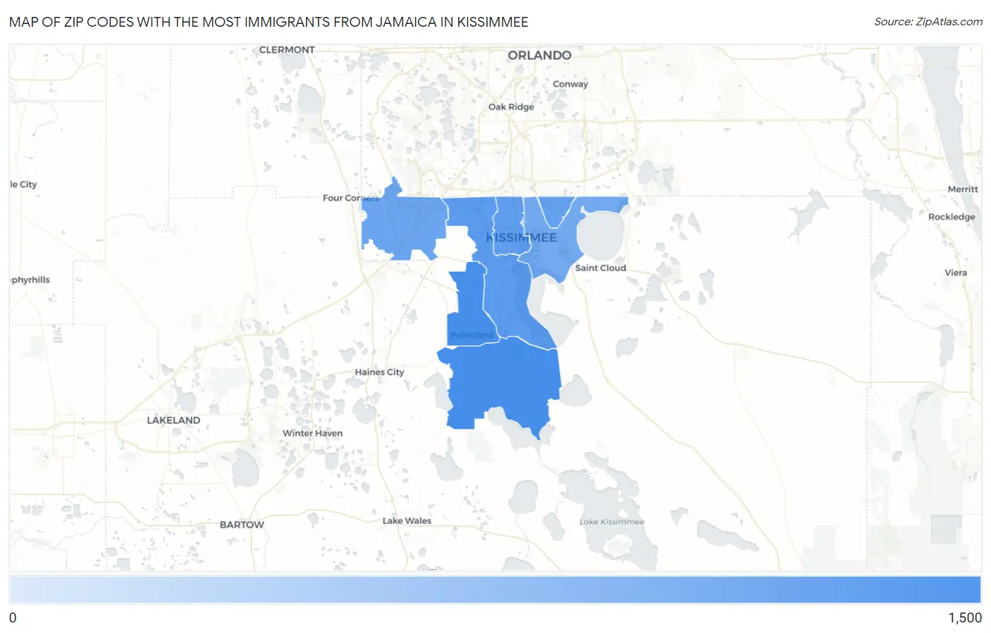 Zip Codes with the Most Immigrants from Jamaica in Kissimmee Map