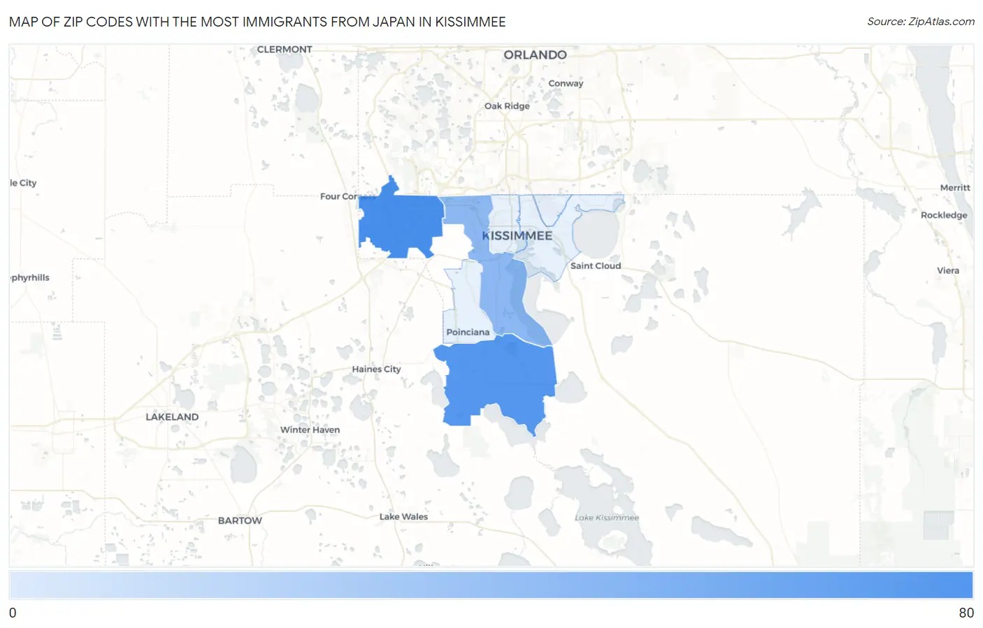 Zip Codes with the Most Immigrants from Japan in Kissimmee Map