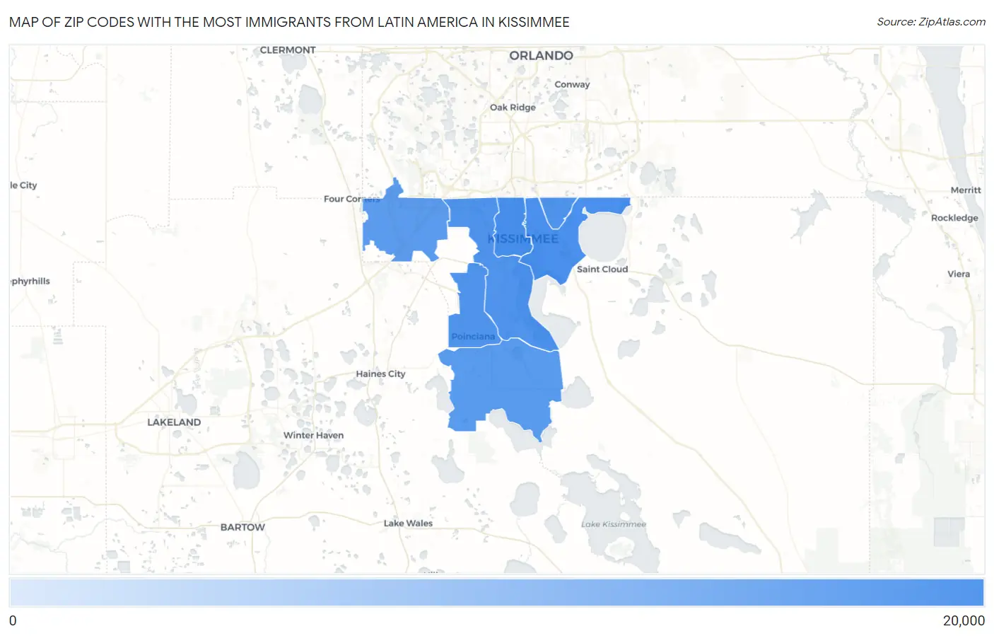 Zip Codes with the Most Immigrants from Latin America in Kissimmee Map