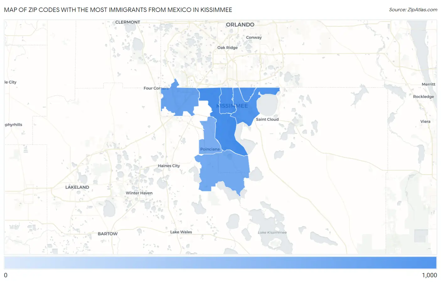 Zip Codes with the Most Immigrants from Mexico in Kissimmee Map