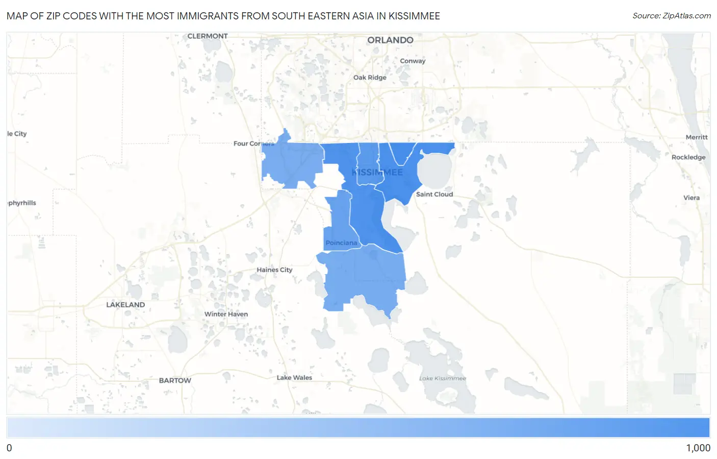 Zip Codes with the Most Immigrants from South Eastern Asia in Kissimmee Map
