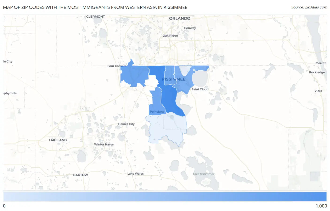 Zip Codes with the Most Immigrants from Western Asia in Kissimmee Map