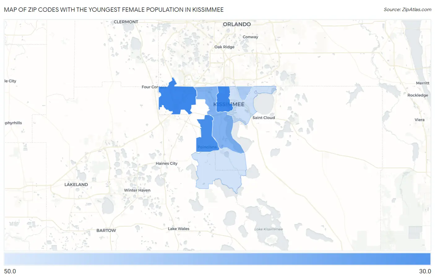 Zip Codes with the Youngest Female Population in Kissimmee Map