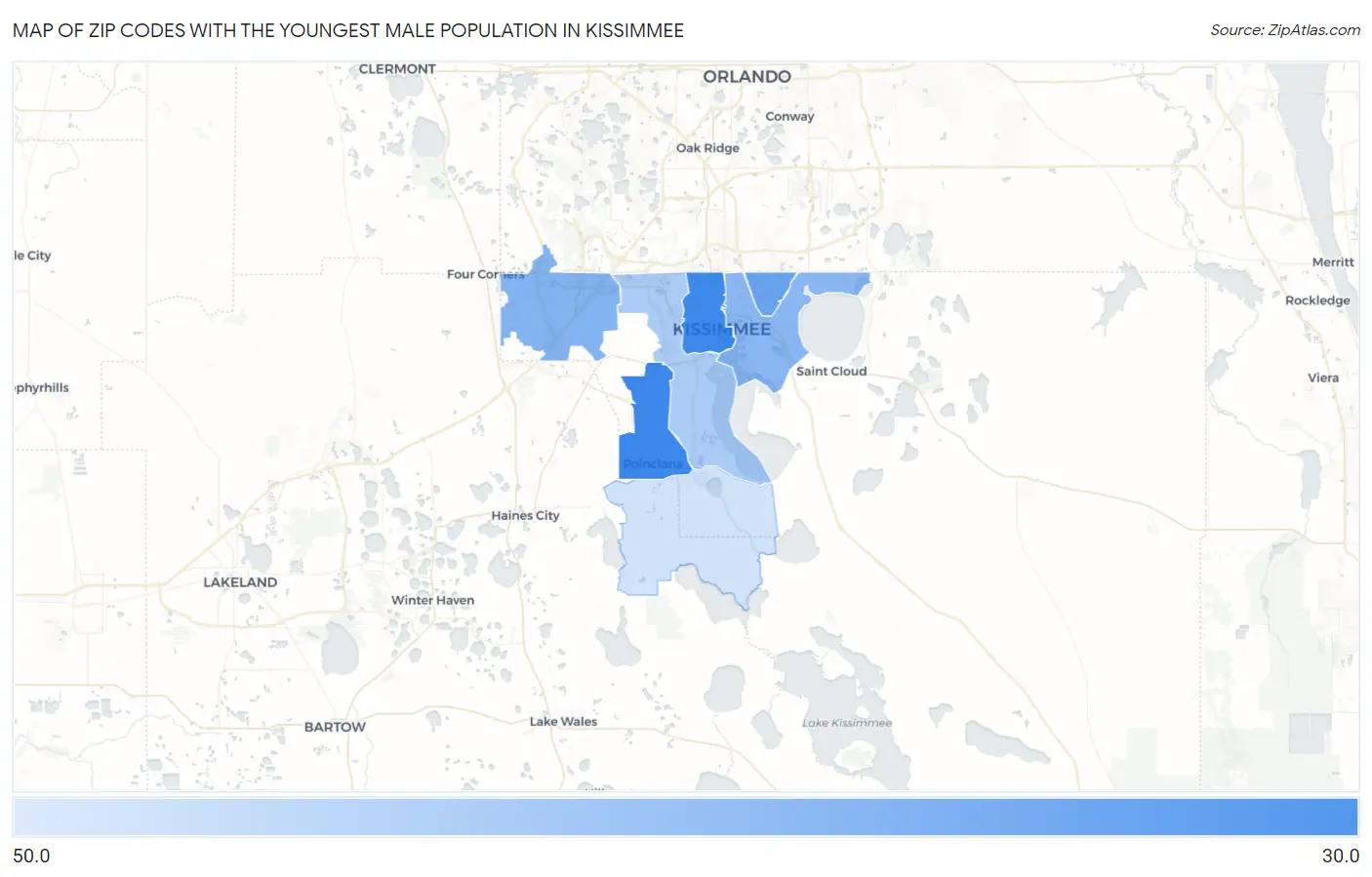 Zip Codes with the Youngest Male Population in Kissimmee Map