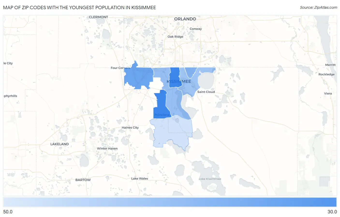 Zip Codes with the Youngest Population in Kissimmee Map