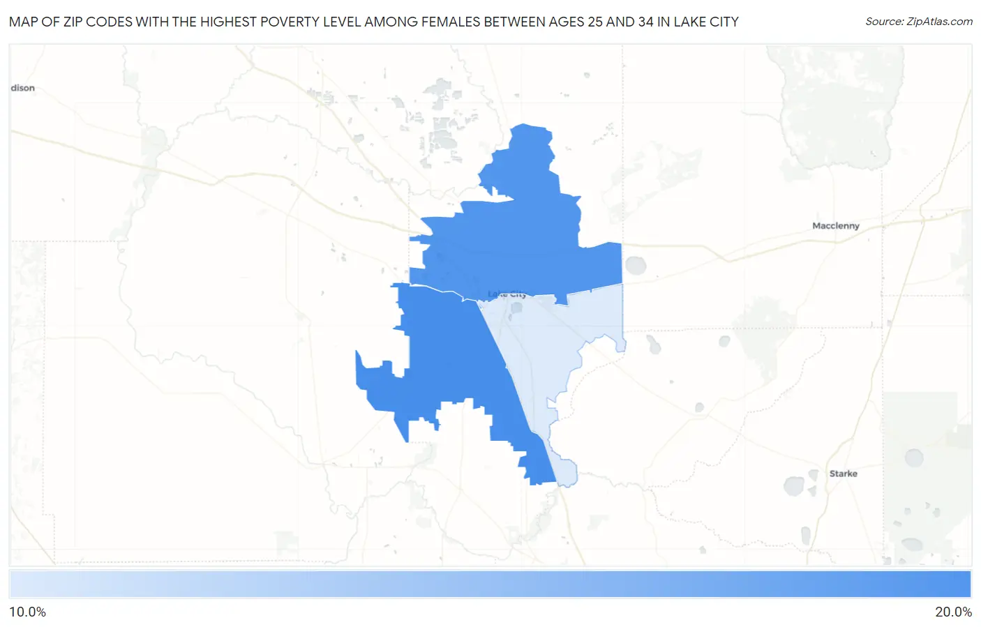 Zip Codes with the Highest Poverty Level Among Females Between Ages 25 and 34 in Lake City Map