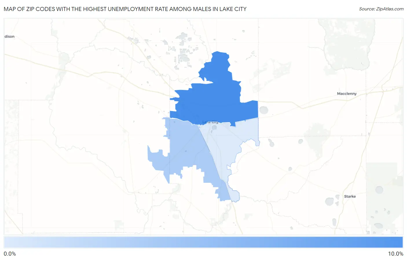 Zip Codes with the Highest Unemployment Rate Among Males in Lake City Map