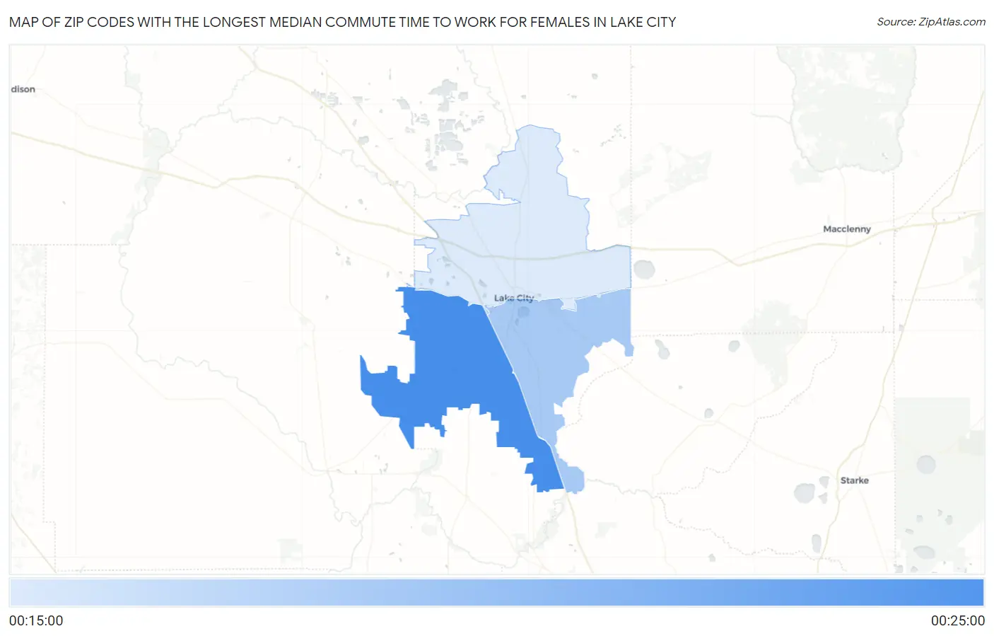 Zip Codes with the Longest Median Commute Time to Work for Females in Lake City Map
