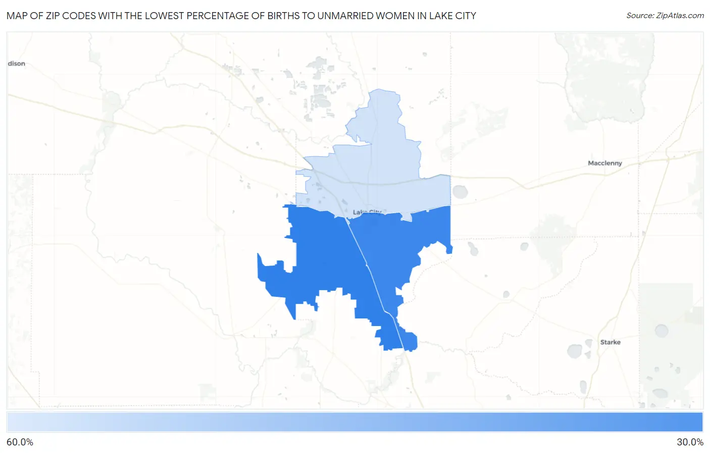 Zip Codes with the Lowest Percentage of Births to Unmarried Women in Lake City Map