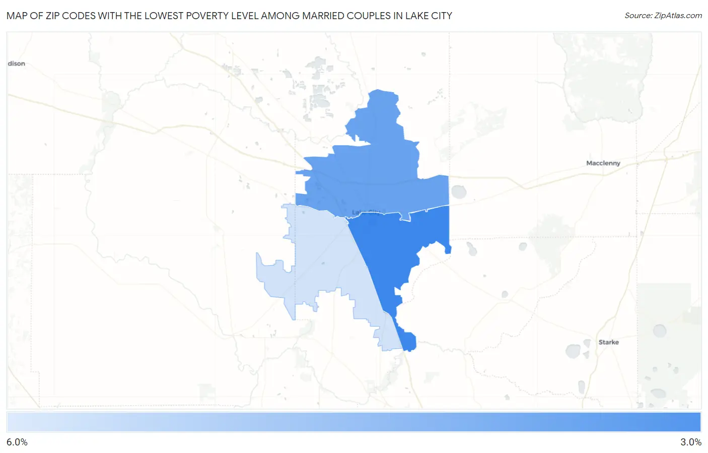 Zip Codes with the Lowest Poverty Level Among Married Couples in Lake City Map