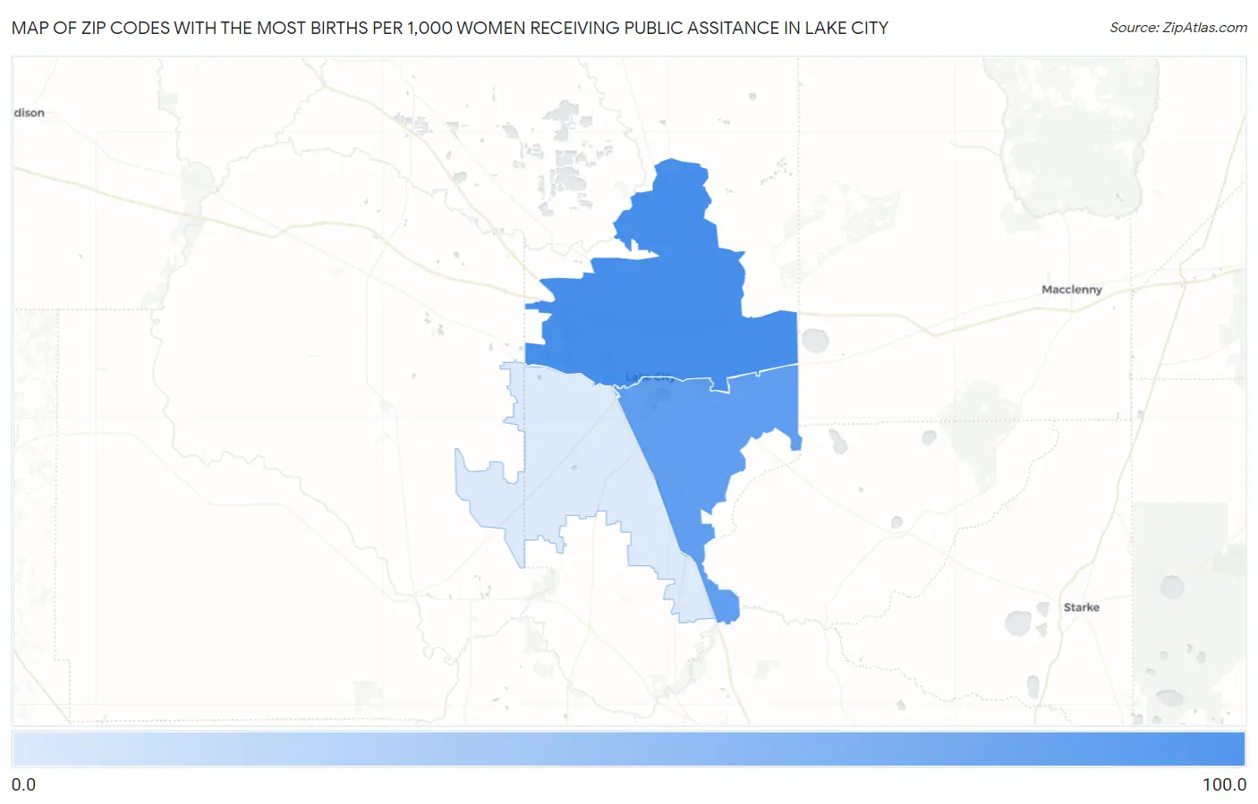 Zip Codes with the Most Births per 1,000 Women Receiving Public Assitance in Lake City Map