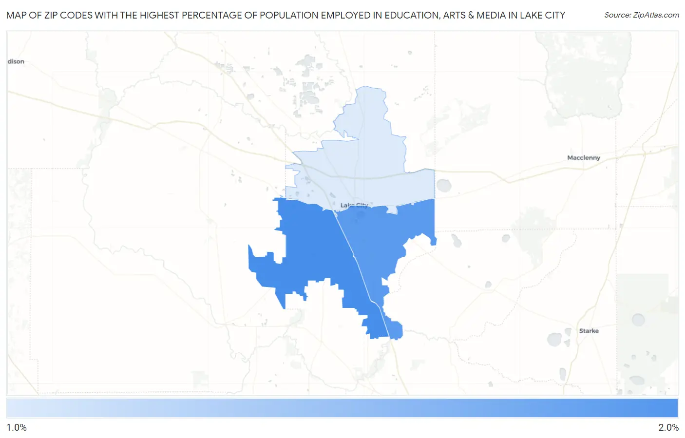Zip Codes with the Highest Percentage of Population Employed in Education, Arts & Media in Lake City Map